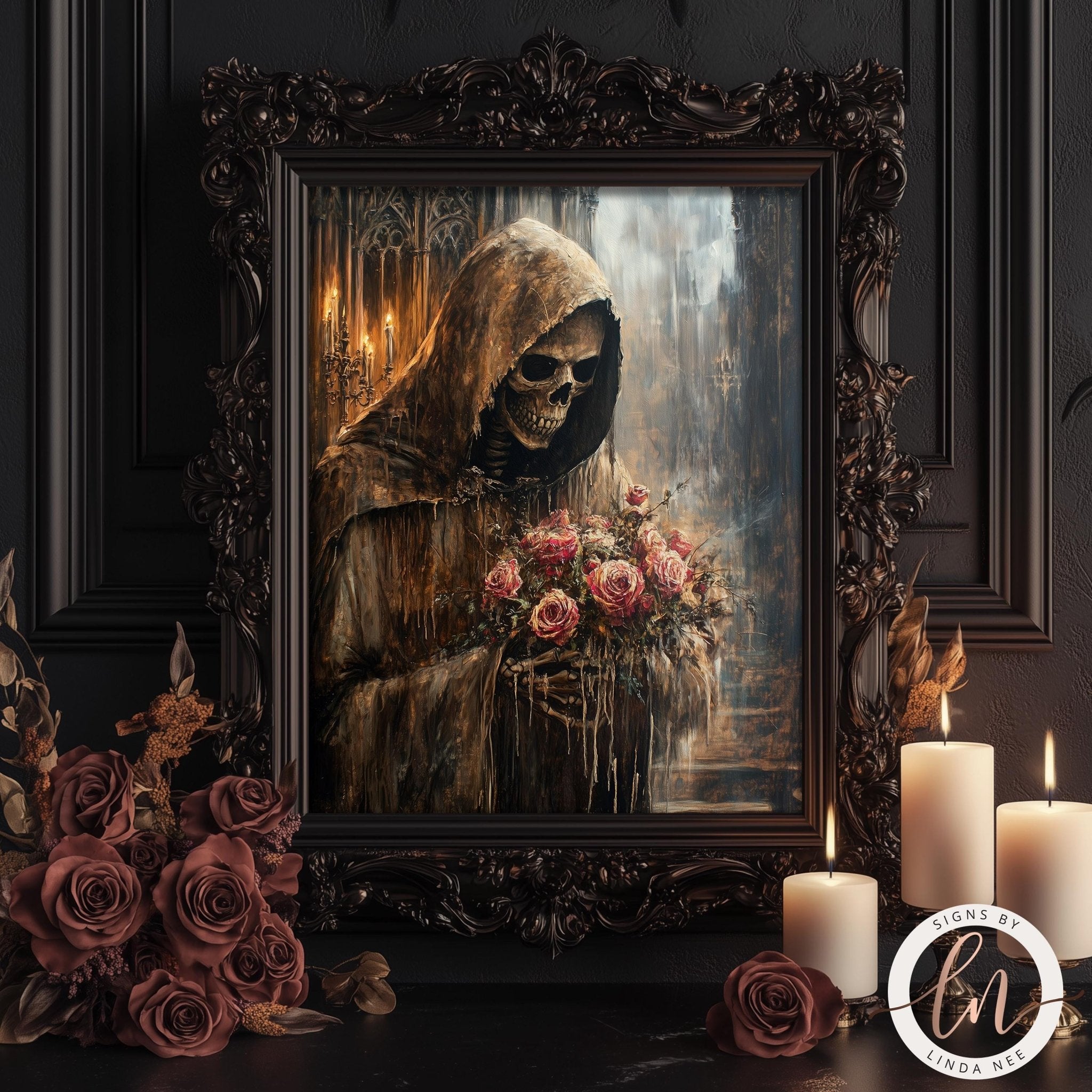 a dark, gothic-style skeleton holding a bouquet of roses, set against a dark background with candles and other dark decor.