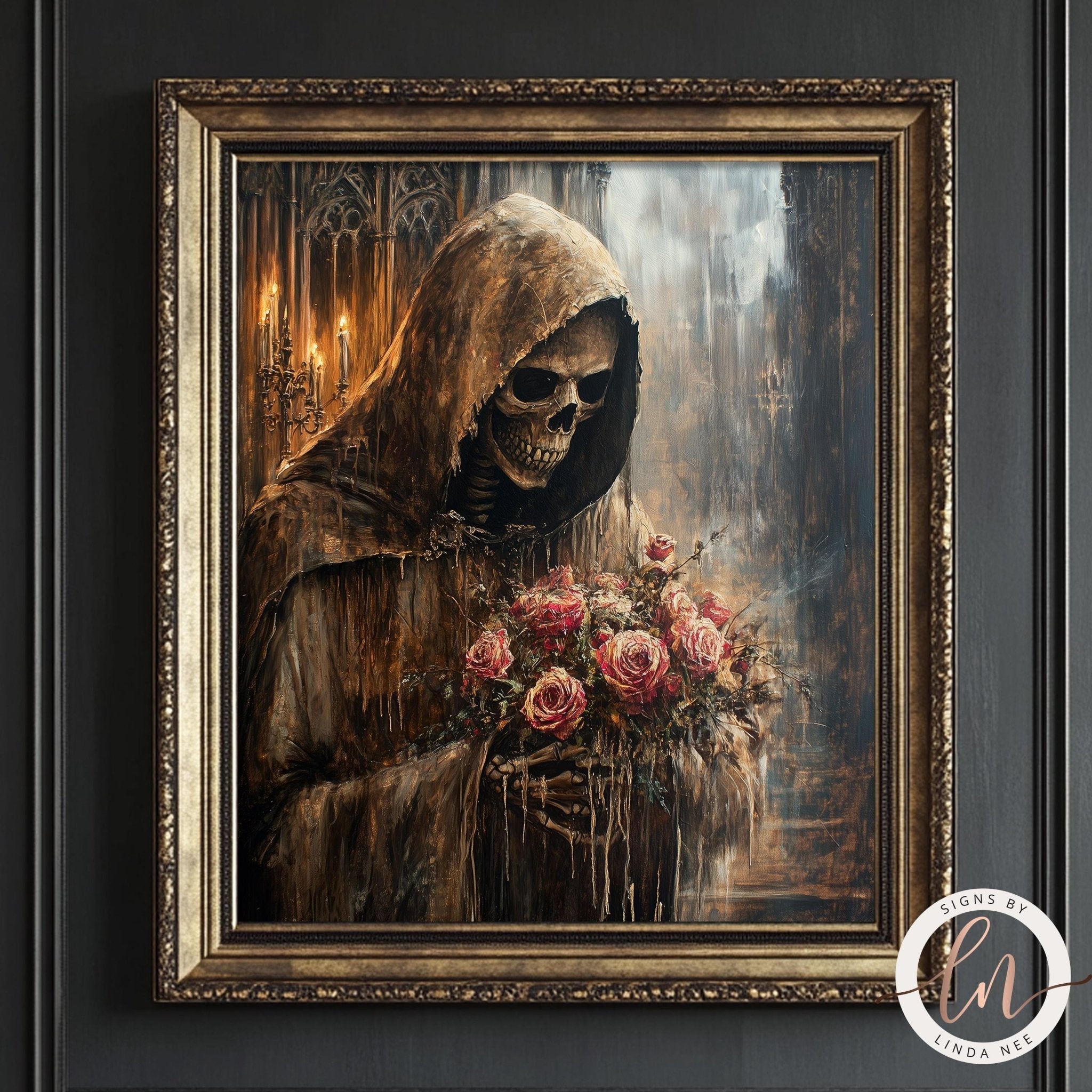 a skeleton figure holding a bouquet of flowers, with a dark, moody atmosphere.
