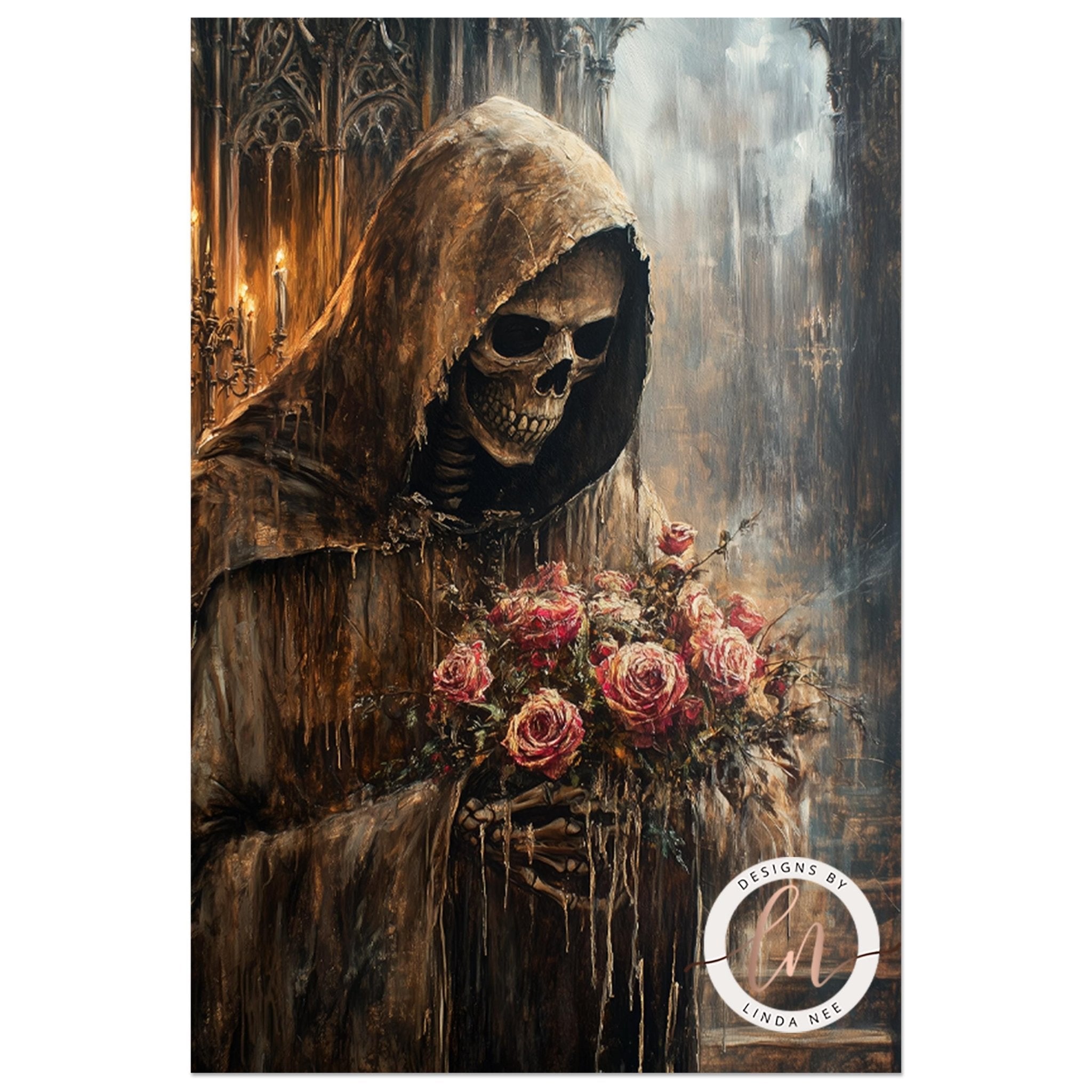 A dark, gothic-style skeleton figure holding a bouquet of roses stands in a dimly lit, atmospheric setting.