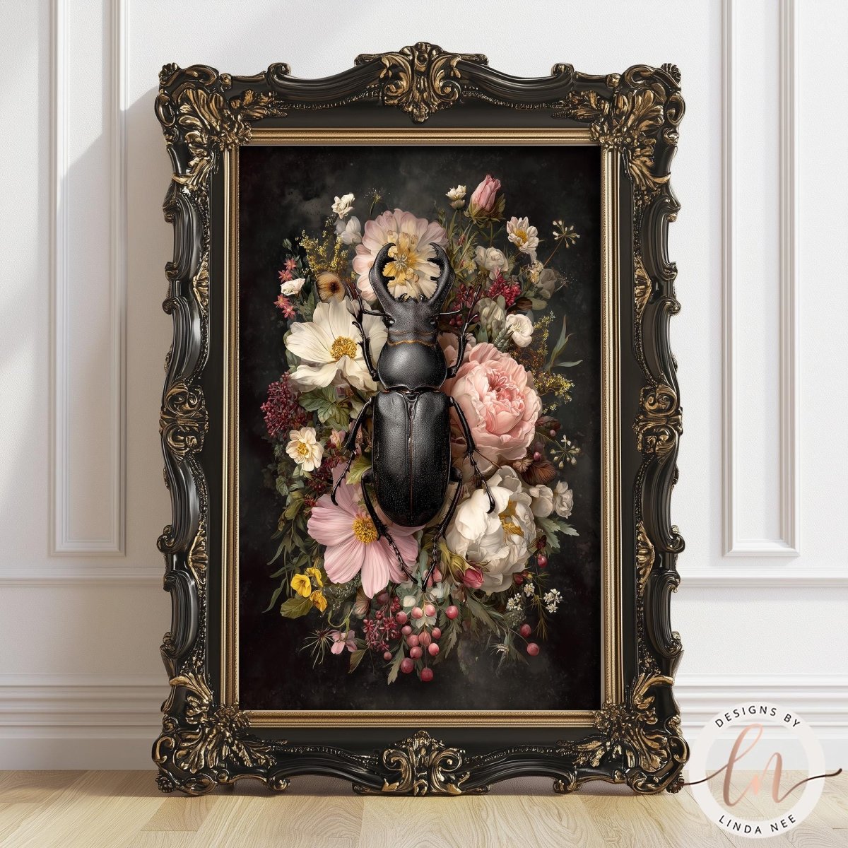 a large, ornate frame containing a detailed painting of a black beetle surrounded by a vibrant floral arrangement.