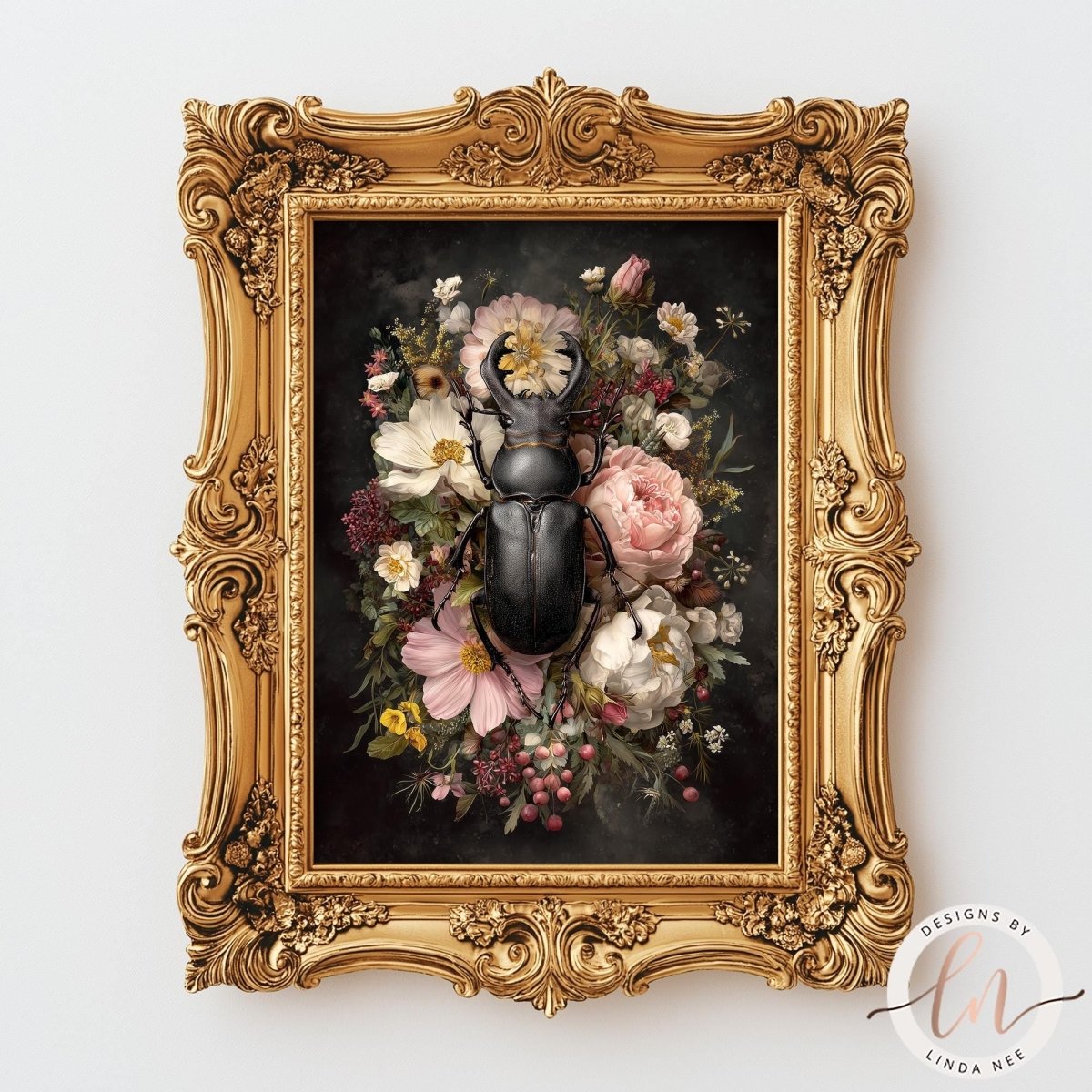 a large, ornate gold frame containing a detailed painting of a black beetle surrounded by a vibrant floral arrangement.