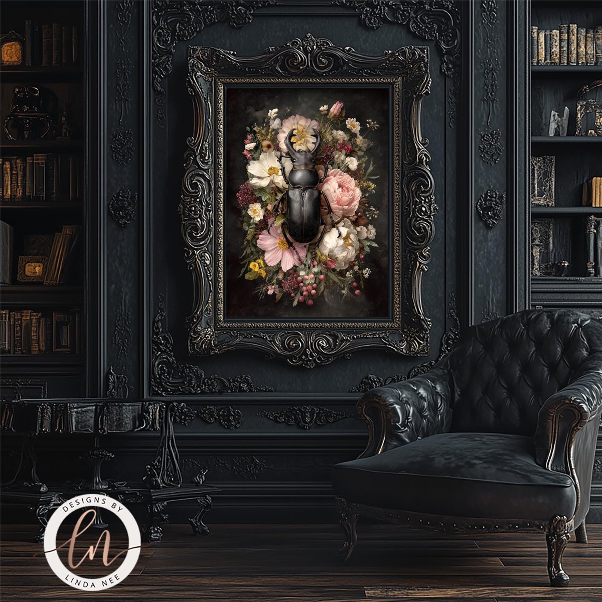 A dark academia style digital painting of a large, glossy black stag beetle centered among a lush bouquet of cream peonies, dusty pink wildflowers, and dark berries. The background is a moody, textured charcoal with a painterly finish, highlighting the intricate details of the beetle's exoskeleton and the soft petals.