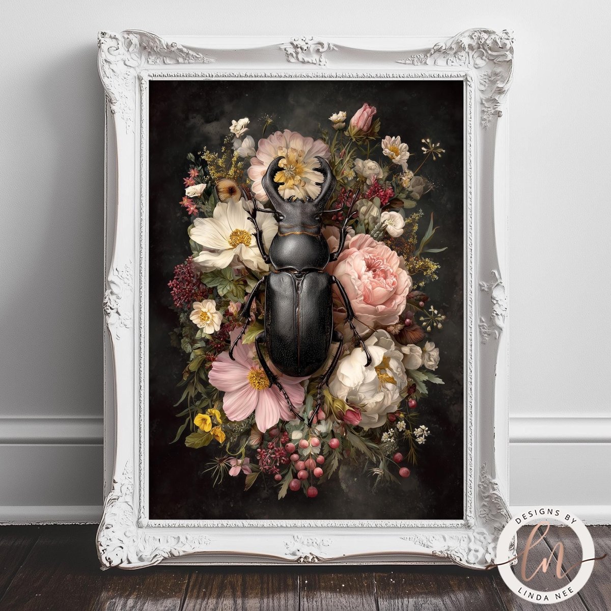 A framed artwork depicting a large black beetle surrounded by a vibrant floral arrangement of various flowers and plants.