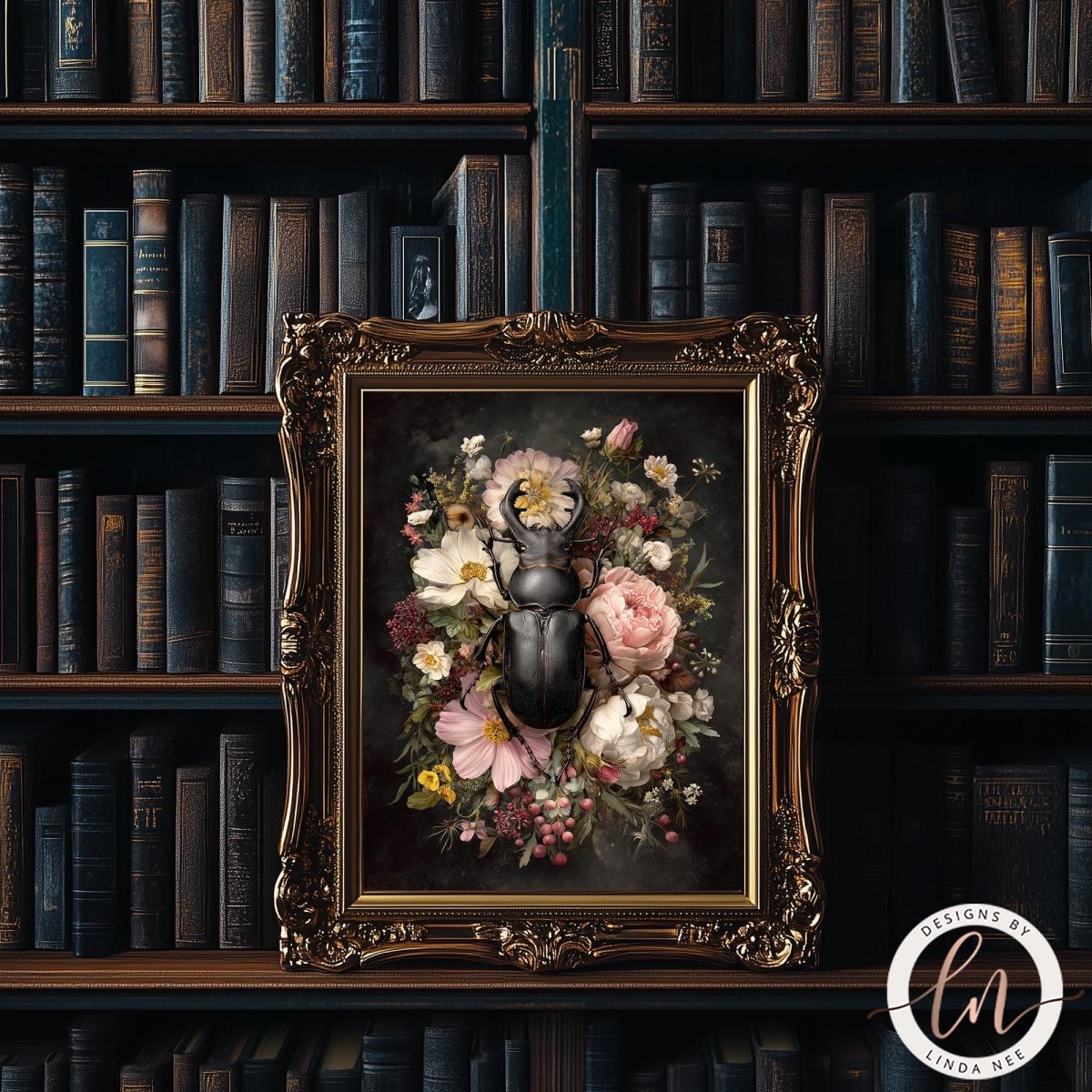 a large, ornate gold frame containing a detailed floral arrangement of a black beetle surrounded by white and pink flowers. The frame is set against a backdrop of a bookshelf filled with various books.