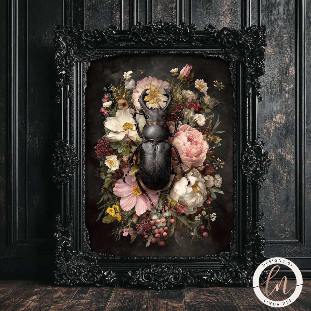 a large black beetle surrounded by a vibrant floral arrangement, including white and pink flowers, as well as red berries. The scene is framed in an ornate black frame, which enhances the visual impact of the composition.