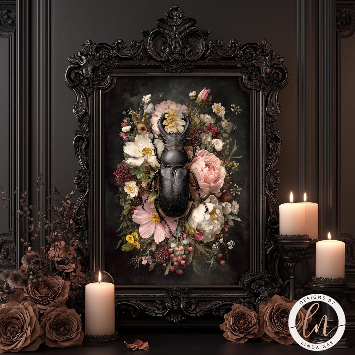 a large, ornate black frame with a floral arrangement of flowers and a black beetle displayed within it. Surrounding the frame are lit candles and brown roses, creating a warm and inviting atmosphere.