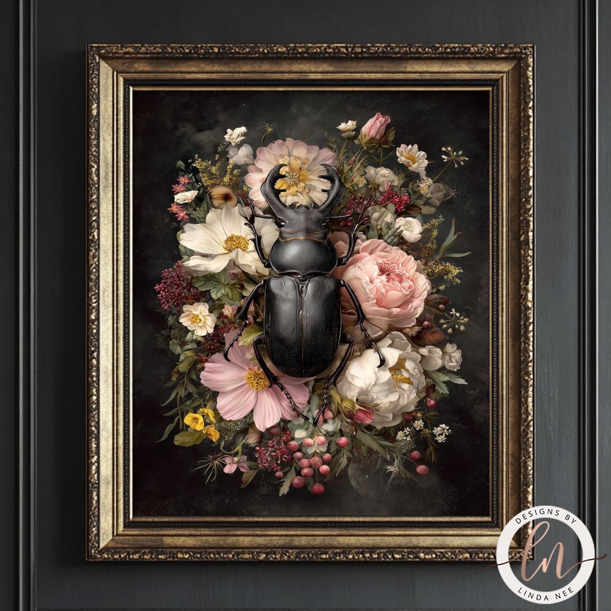 a framed painting of a black beetle surrounded by a vibrant floral arrangement.