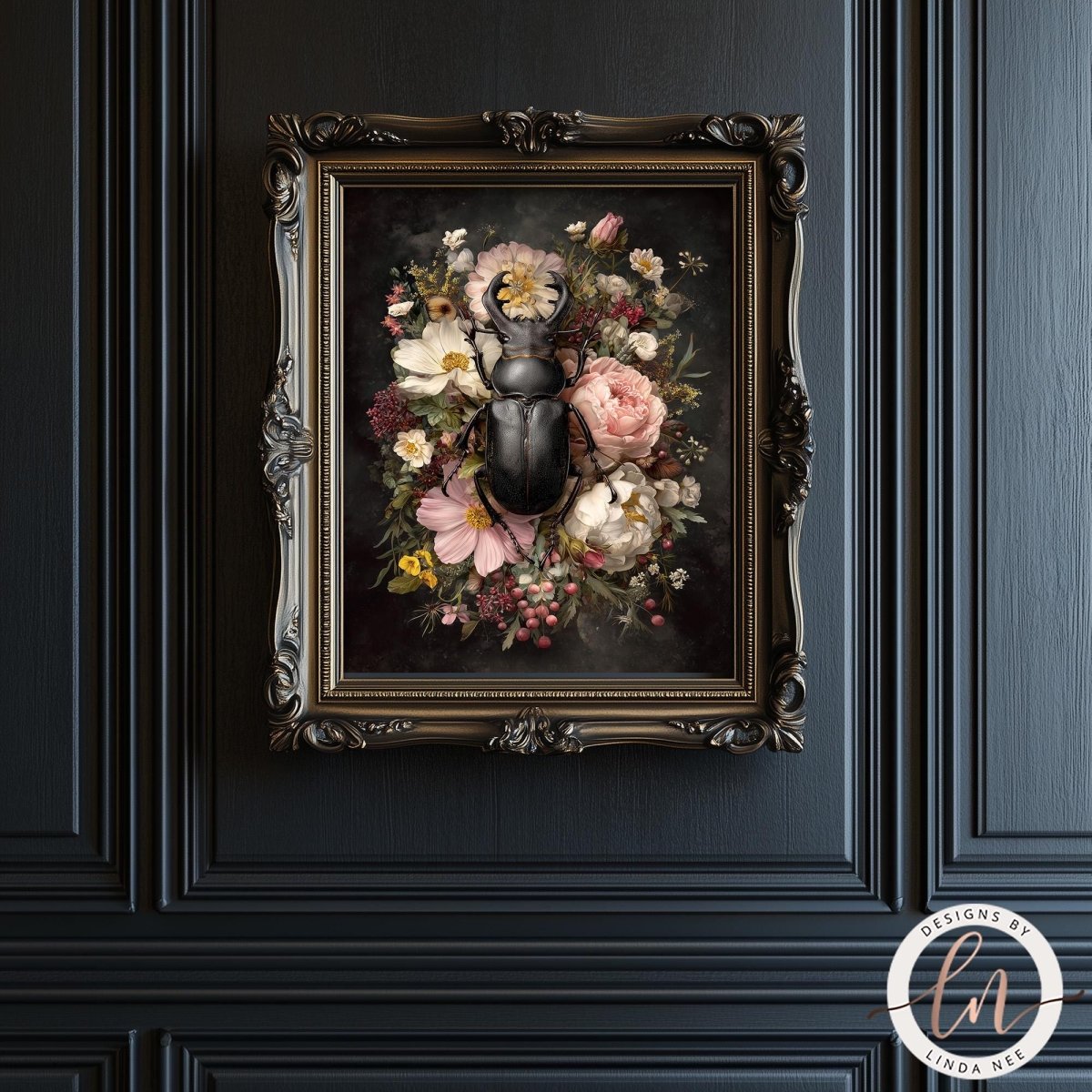 a framed painting of a black beetle surrounded by a floral arrangement.