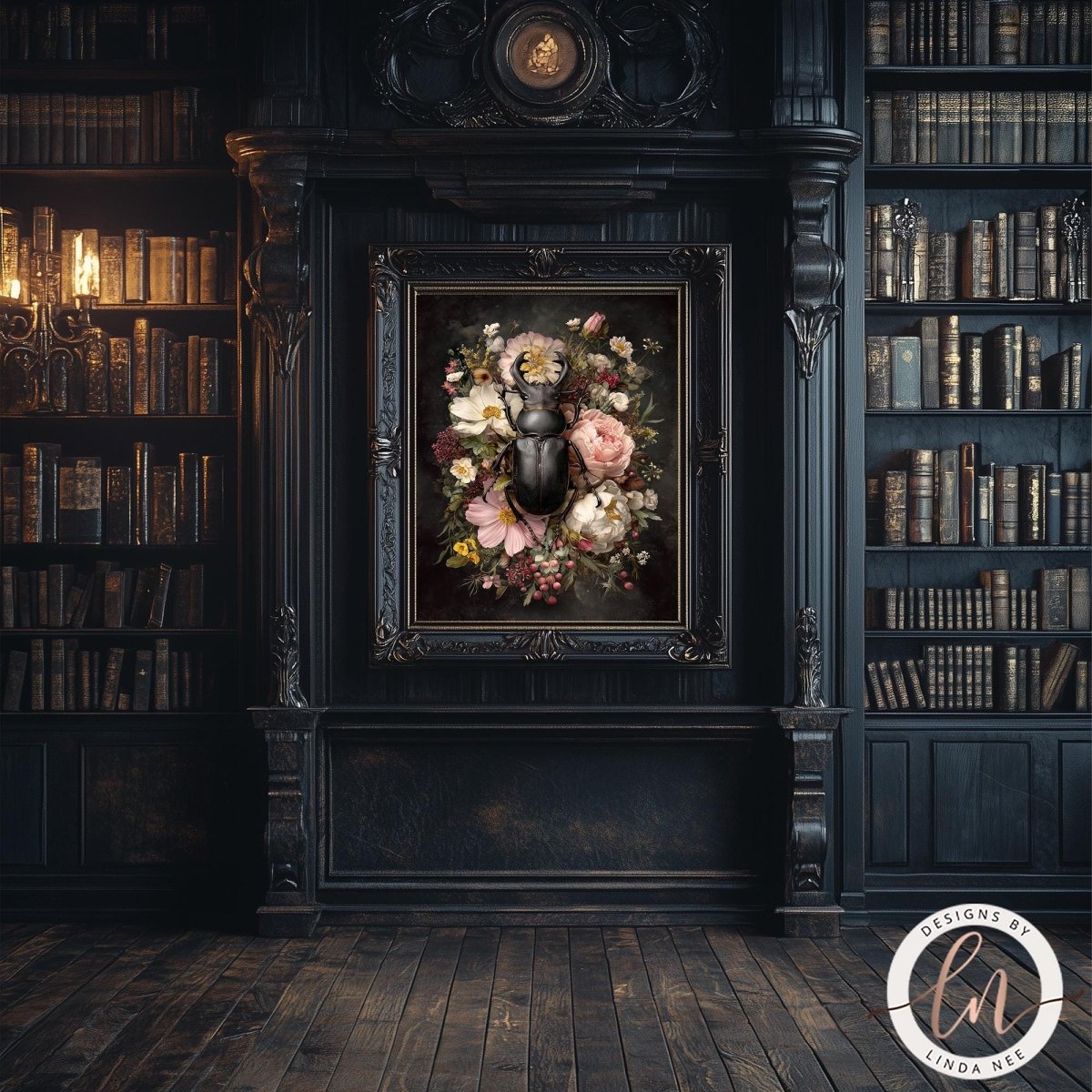 a dark, ornate room with a large bookshelf filled with books, a framed painting of a floral arrangement, and a chandelier hanging from the ceiling.