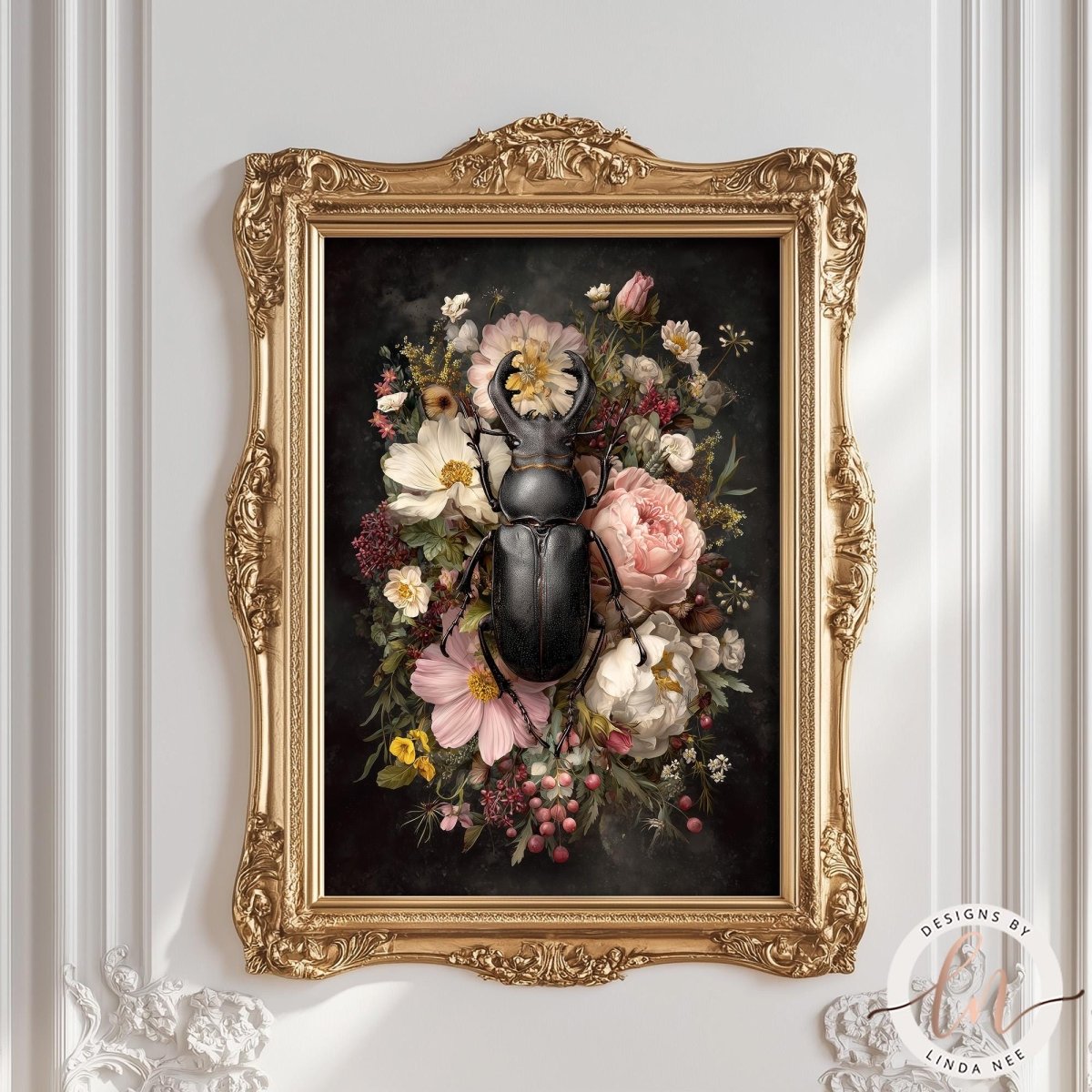a large, ornate gold frame containing a detailed painting of a black beetle surrounded by a vibrant floral arrangement.