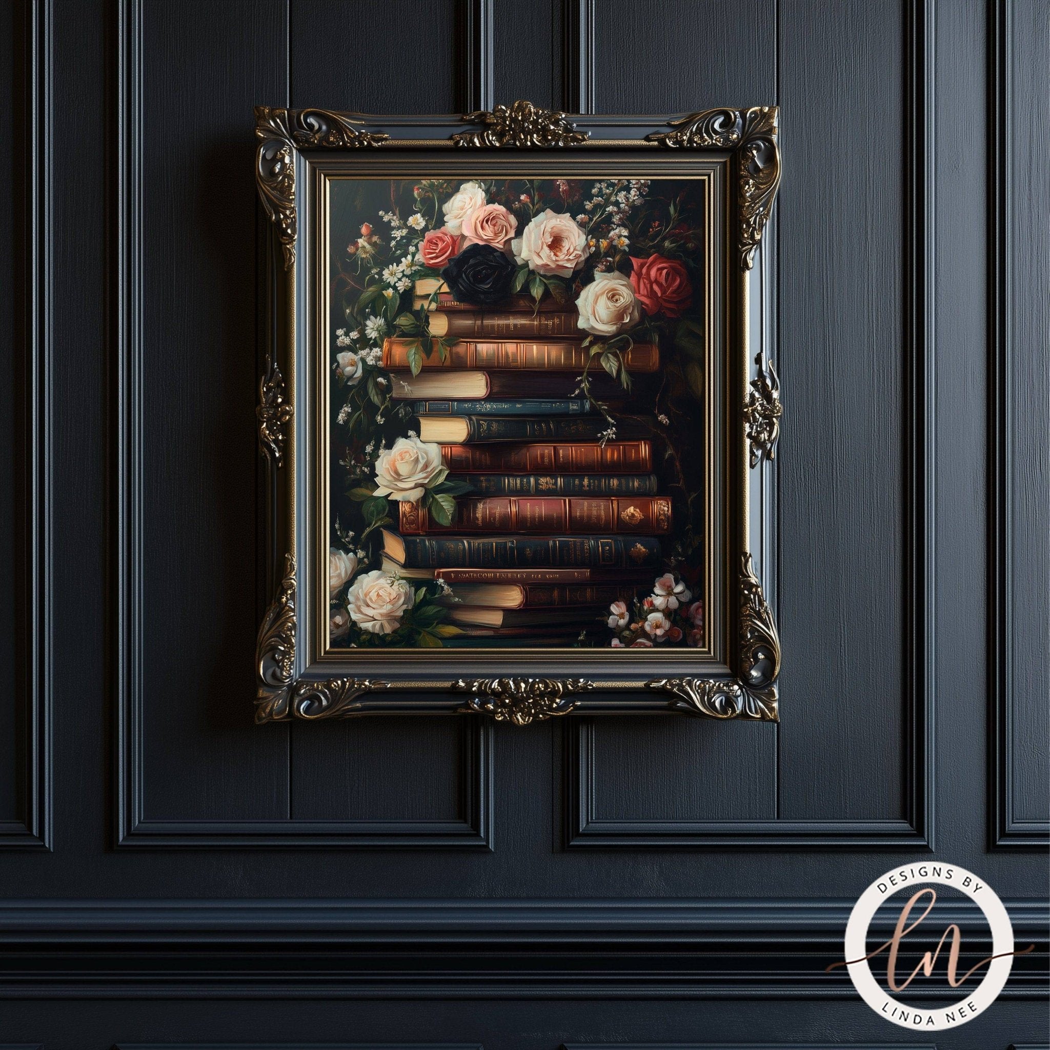 Dark Academia Stack of Books Wall Art - Metal or Paper