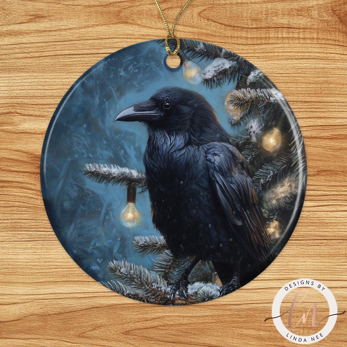 A black raven perched on a branch with Christmas lights, creating a festive and whimsical scene.