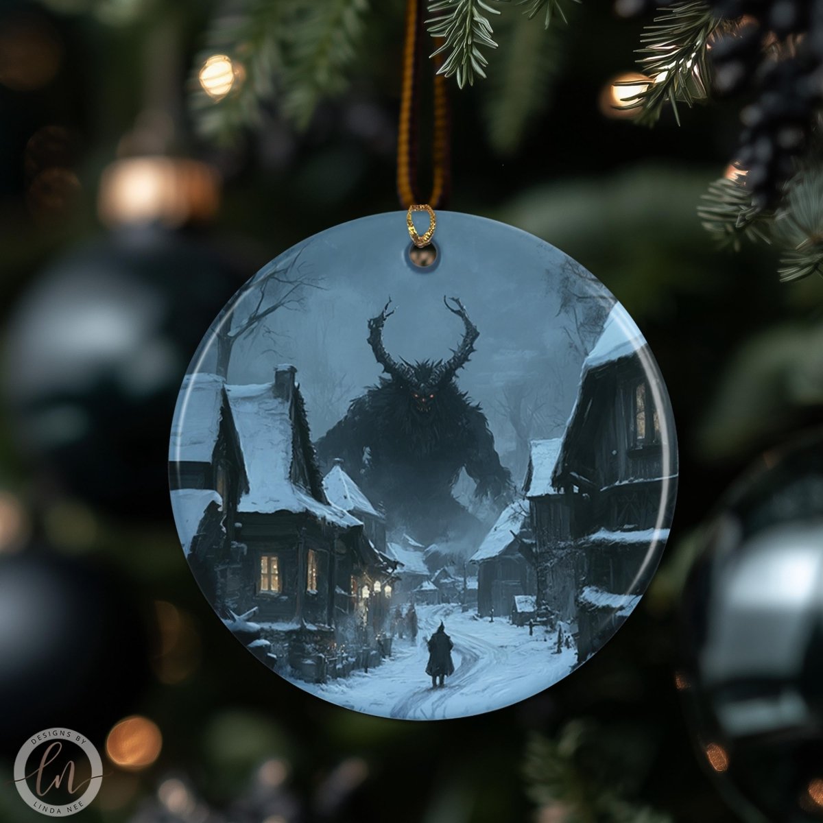 A glass ornament hanging on a Christmas tree, depicting a snowy village scene with a large, ominous creature looming in the background.