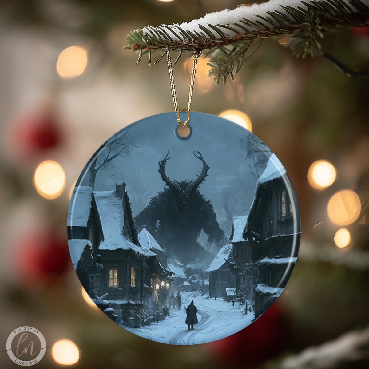 A Christmas ornament depicting a dark, ominous figure with horns and a long tail, standing in a snowy village setting with a lone figure walking down a path.