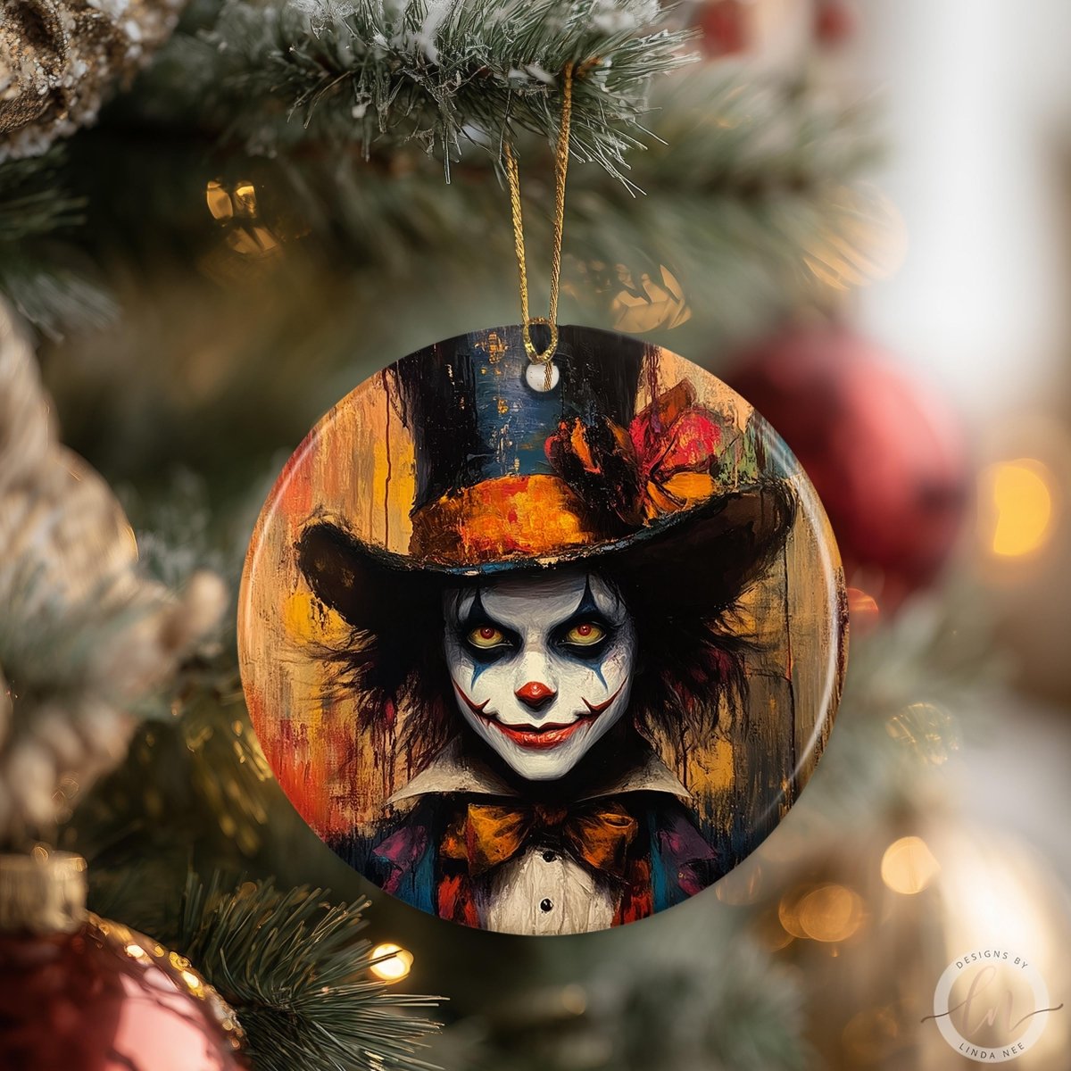 A round ornament featuring a clown with a painted face and a top hat, hanging on a Christmas tree.