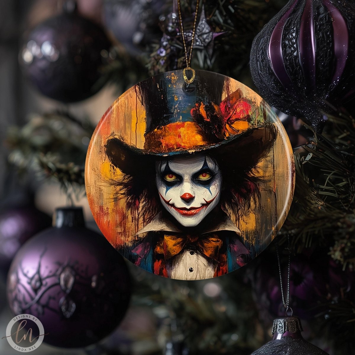 a round ornament with a clown face painted on it, hanging on a Christmas tree.