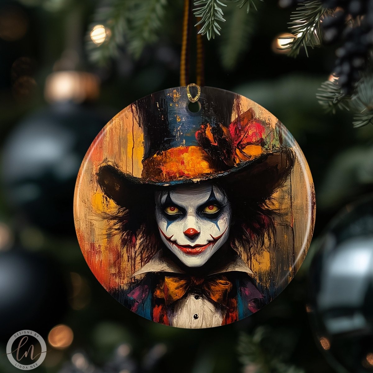 Creepy Wonderland clown ceramic Christmas ornament