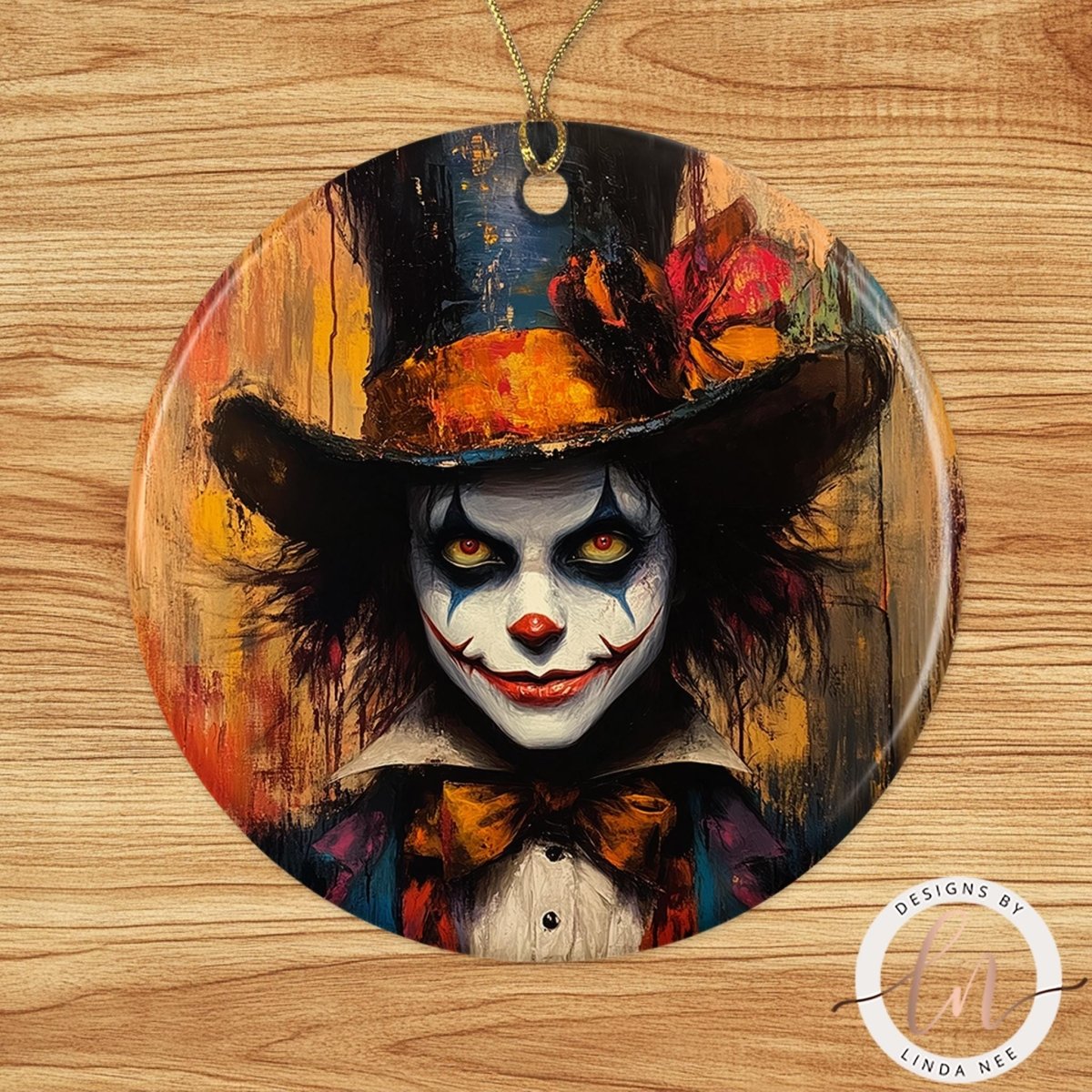A close-up of a clown with painted makeup and a colorful hat, displayed on a circular ornament.