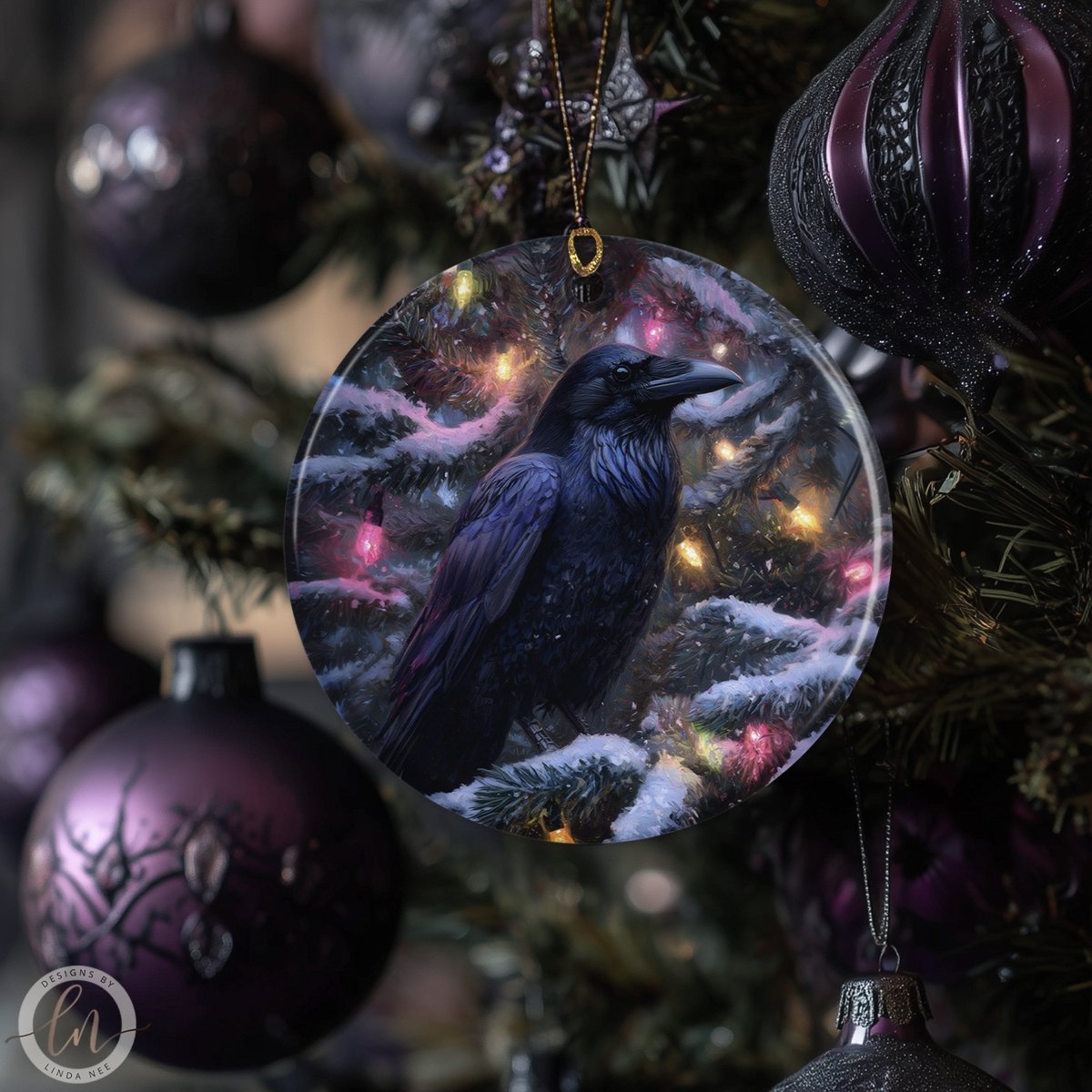 a close-up of a black bird ornament hanging on a Christmas tree, surrounded by other ornaments and lights.