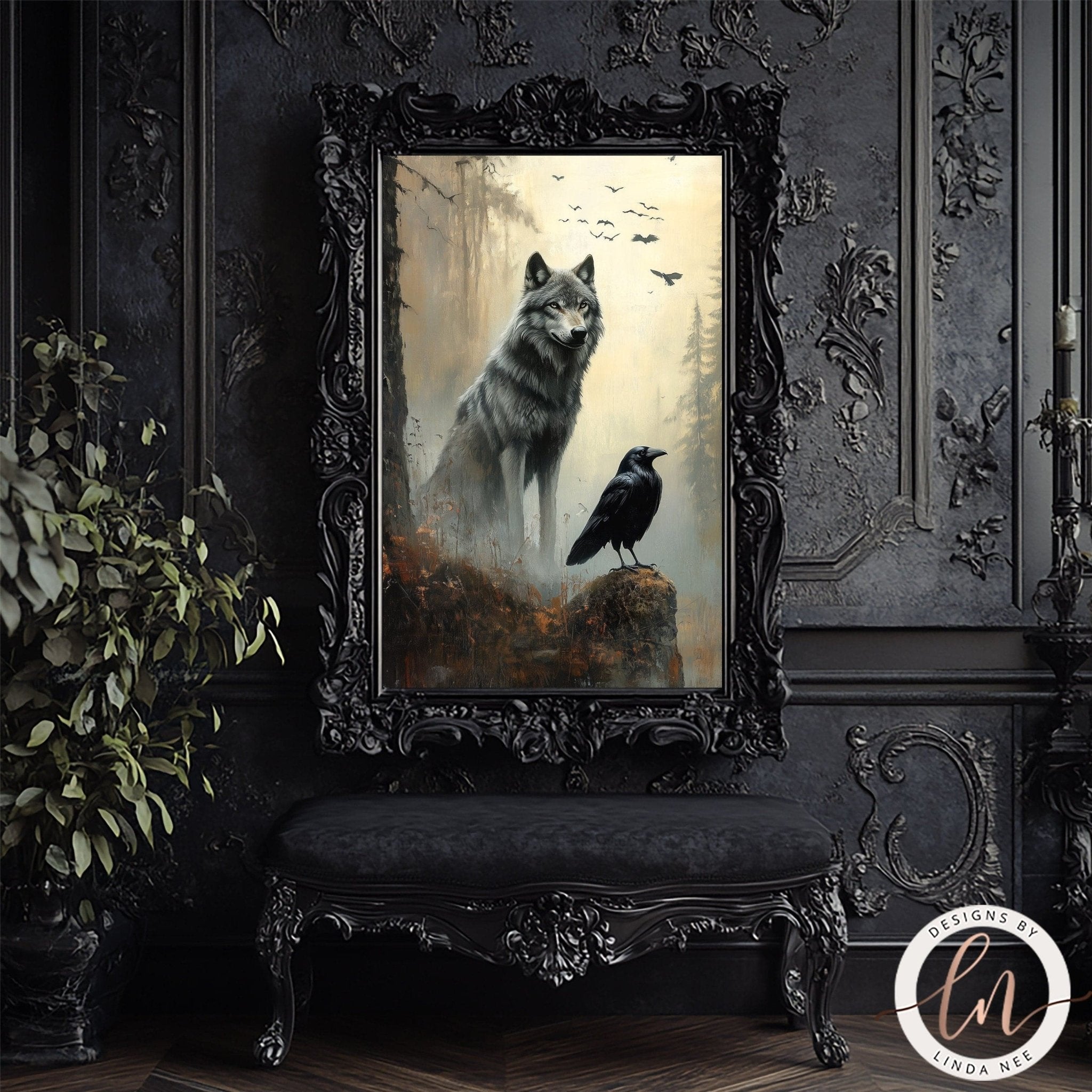 Dark Norse Fantasy Wolf & Raven Wall Art - Metal or Paper
