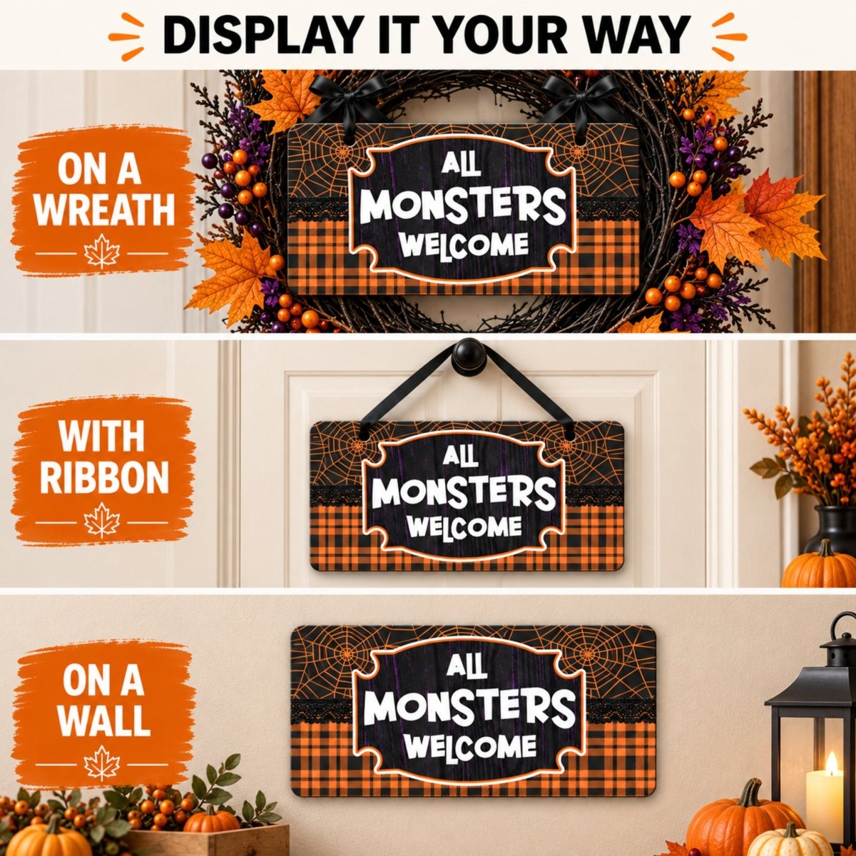 Plaid All Monsters Welcome sign shown on a wreath, a door, and a wall