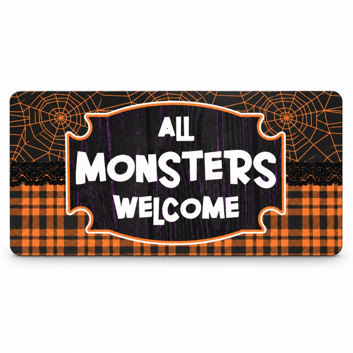 Plaid All Monsters Welcome 6x12 metal wreath sign in orange and black plaid