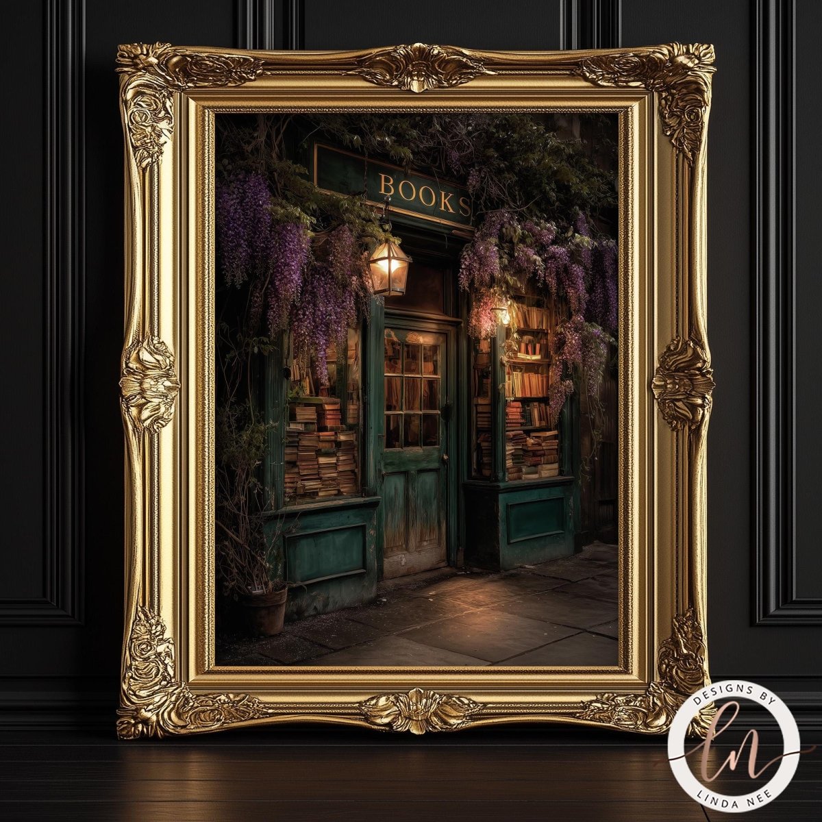 a quaint bookstore with a green door and a sign that reads "BOOKS" above the entrance. The bookstore is adorned with purple flowers hanging from the windows, creating a charming and inviting atmosphere. The scene is framed in an ornate gold frame, which enhances the overall aesthetic of the image.