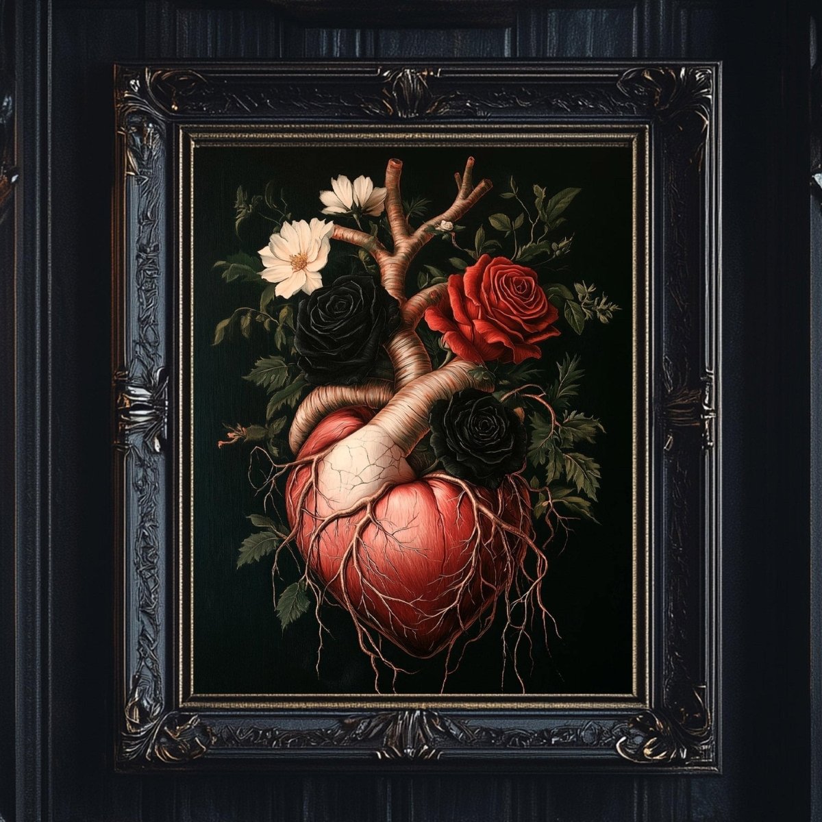 Anatomical heart with red black and white roses growing from the chambers