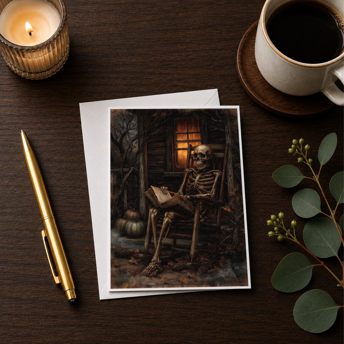 Skeleton reading Halloween note card styled with a candle and coffee