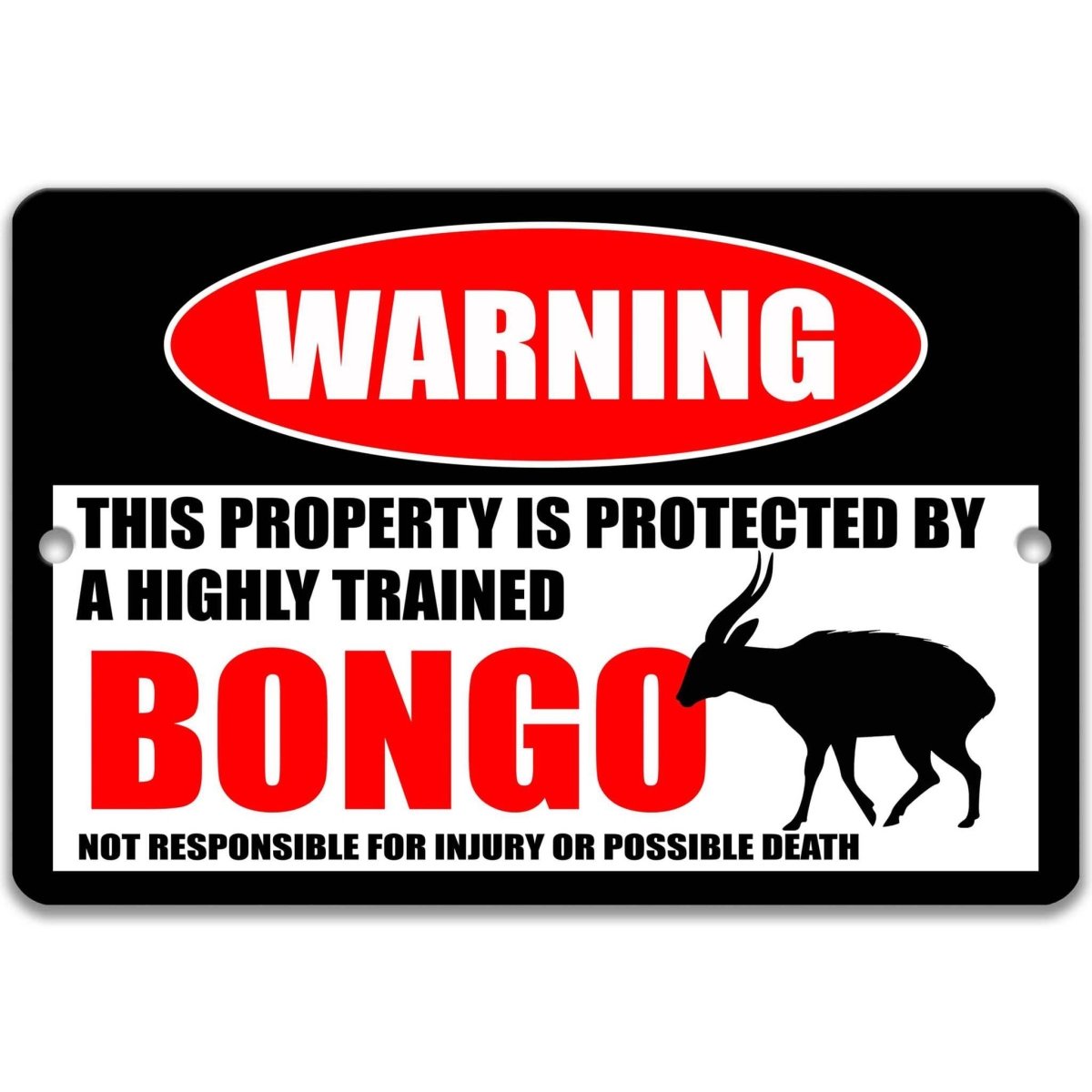 Bongo antelope warning metal sign, glossy black, red WARNING oval and horned bongo silhouette