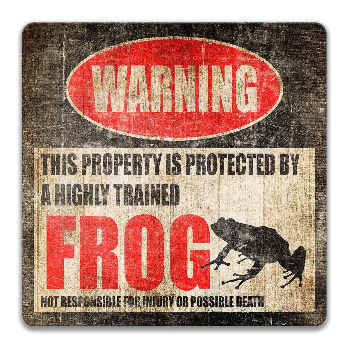 Frog warning metal sign, glossy black, red WARNING oval and sitting frog silhouette