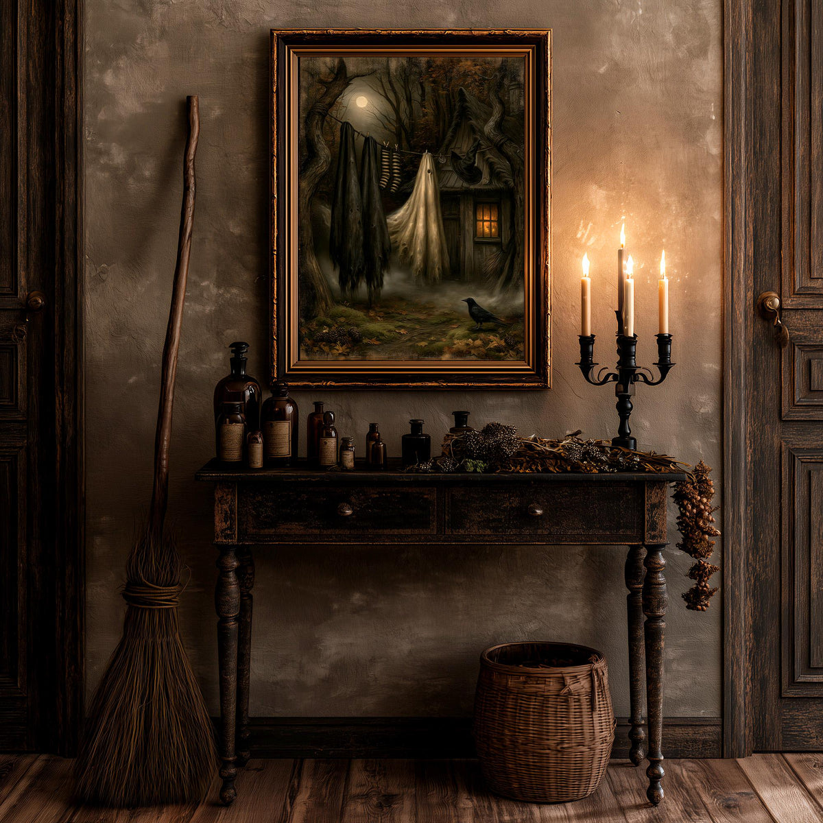 Gothic witchcore wall art above a table of apothecary bottles and a lit candelabra