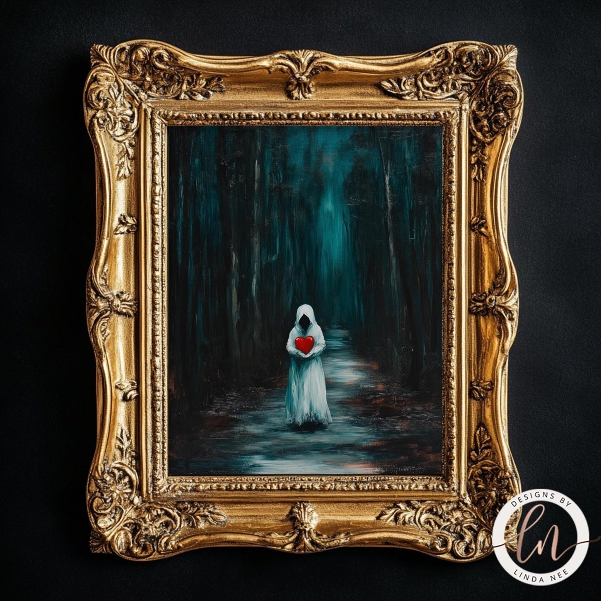 Ghost holding a red heart shown against a dark forest backdrop