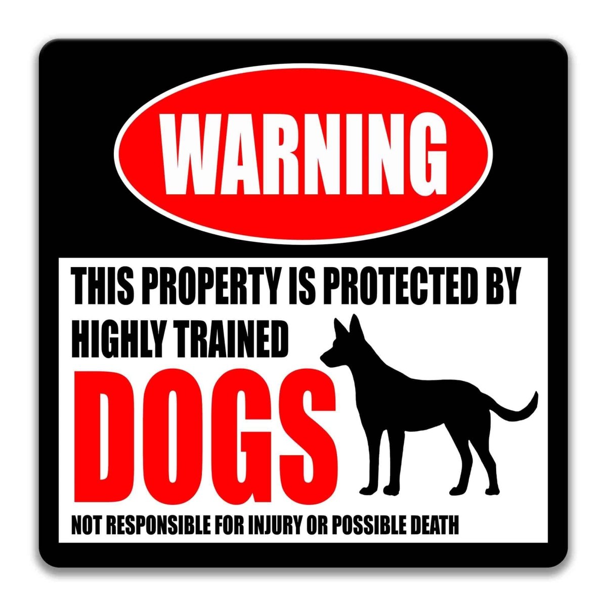Square guard dog warning metal sign, black background with red WARNING banner and dog silhouette