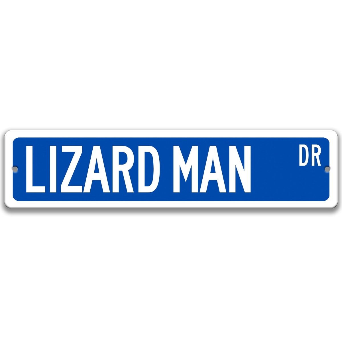Lizard Man metal street sign with a blue background reading LIZARD MAN DR