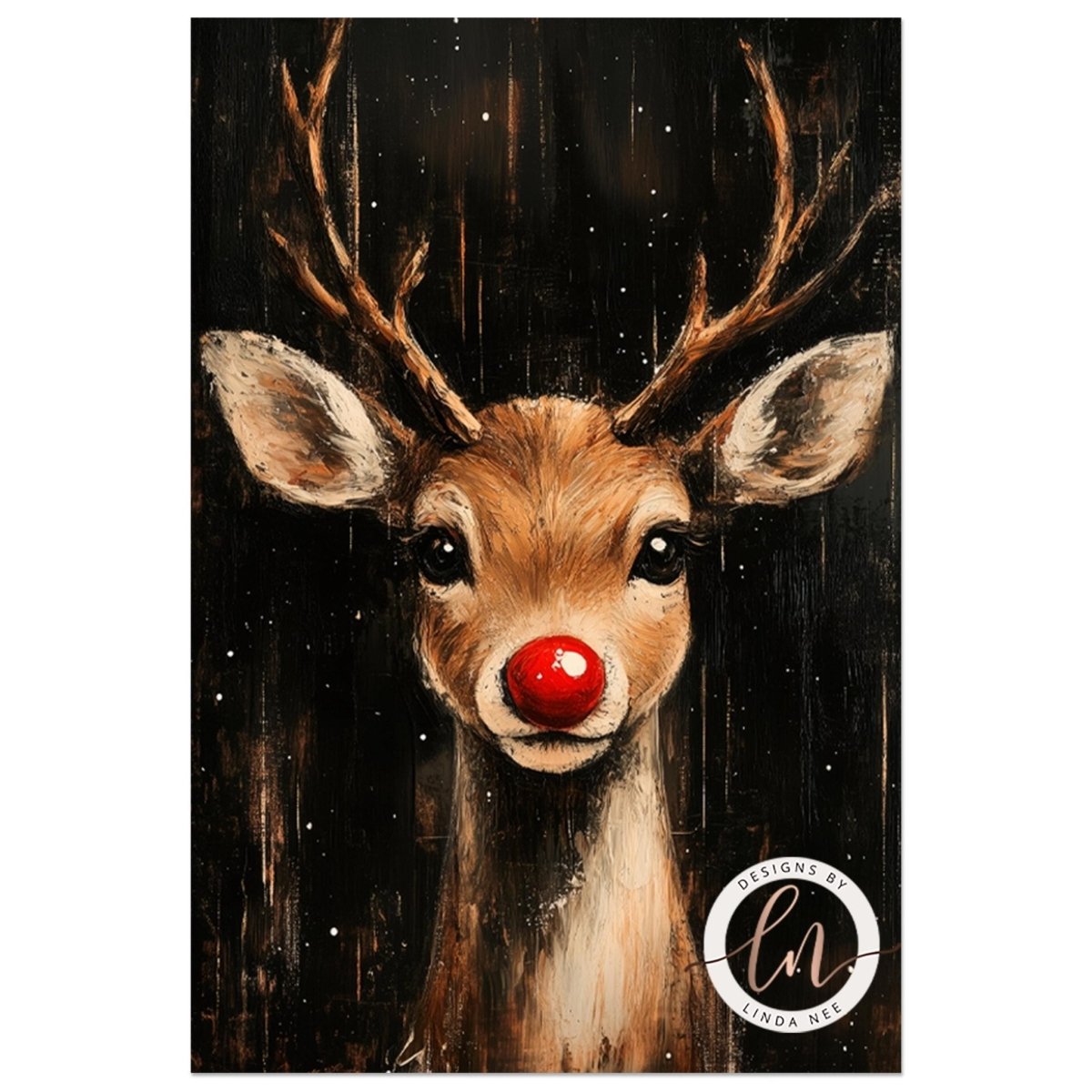 A close-up portrait of a reindeer with a red nose against a dark background with falling snowflakes.