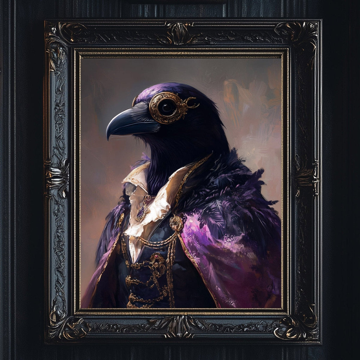 a painting of a bird wearing a purple and gold outfit, with a white collar and a large eye.
