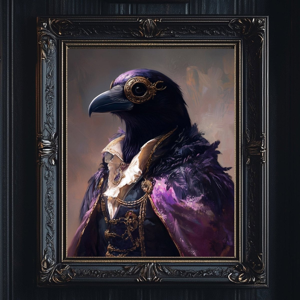 a painting of a bird wearing a purple and gold outfit, with a white collar and a large eye.