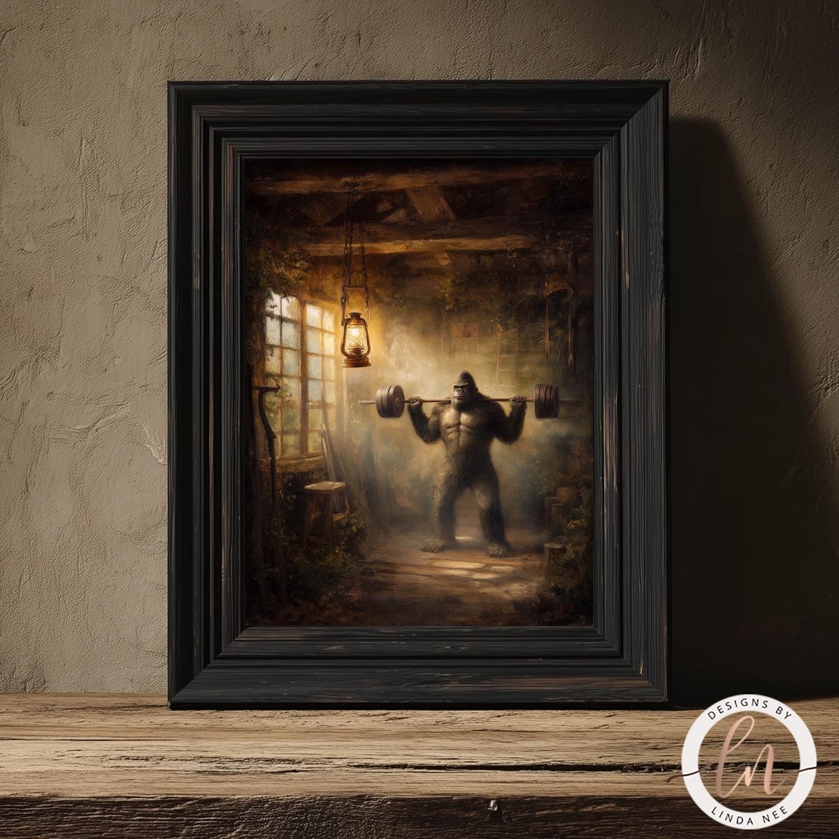 Fine art by Linda Nee featuring Bigfoot squatting with a heavily loaded barbell inside a rustic cabin gym, surrounded by warm lantern light, wood beams, smoky shadows, and a funny leg day fitness theme.