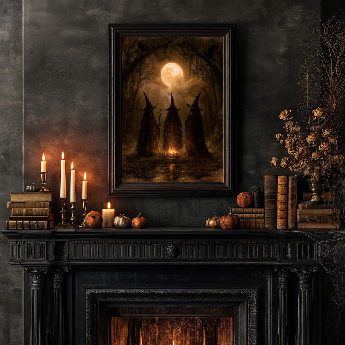 Dim room with a candle-and-pumpkin fireplace beneath the three witches artwork