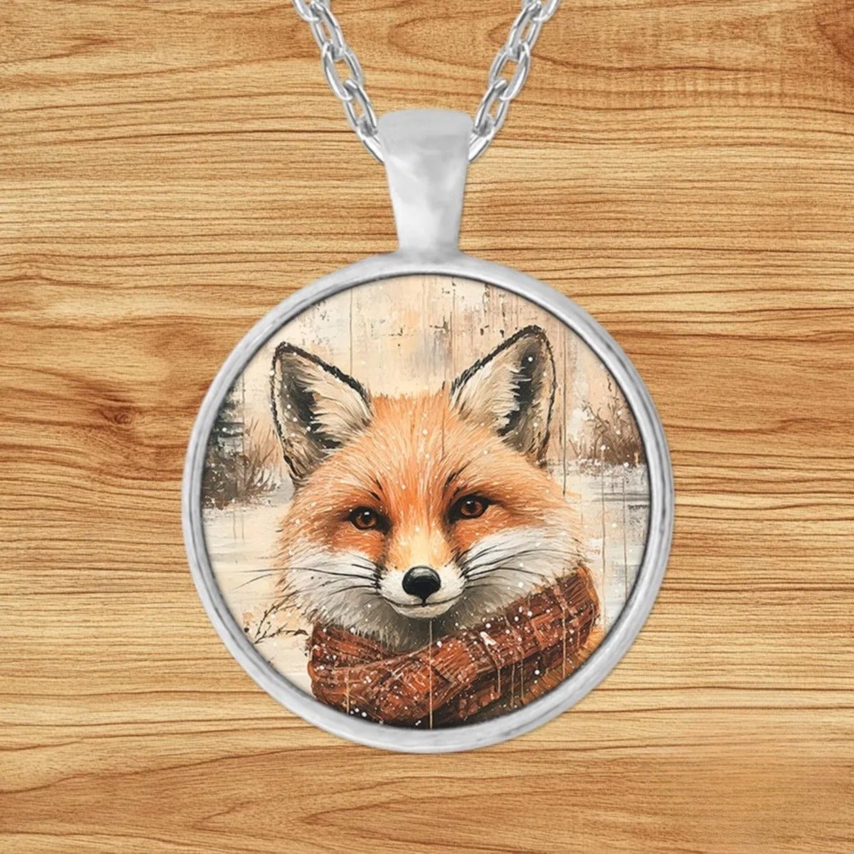 Round silver charm pendant necklace featuring a fox bundled in a red plaid scarf surrounded by falling snow and frosted pines