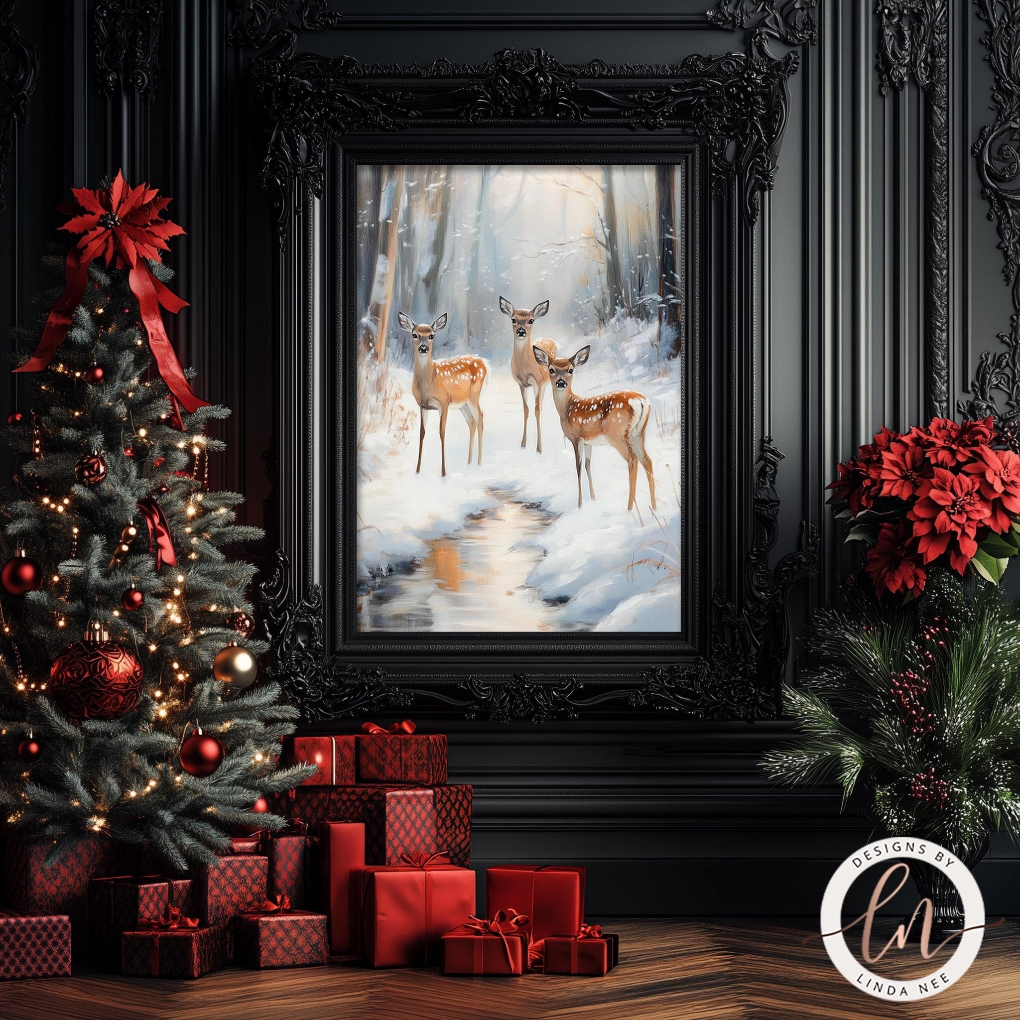 Deer in Snowy Forest Wall Art - Metal & Fine Art Holiday Decor