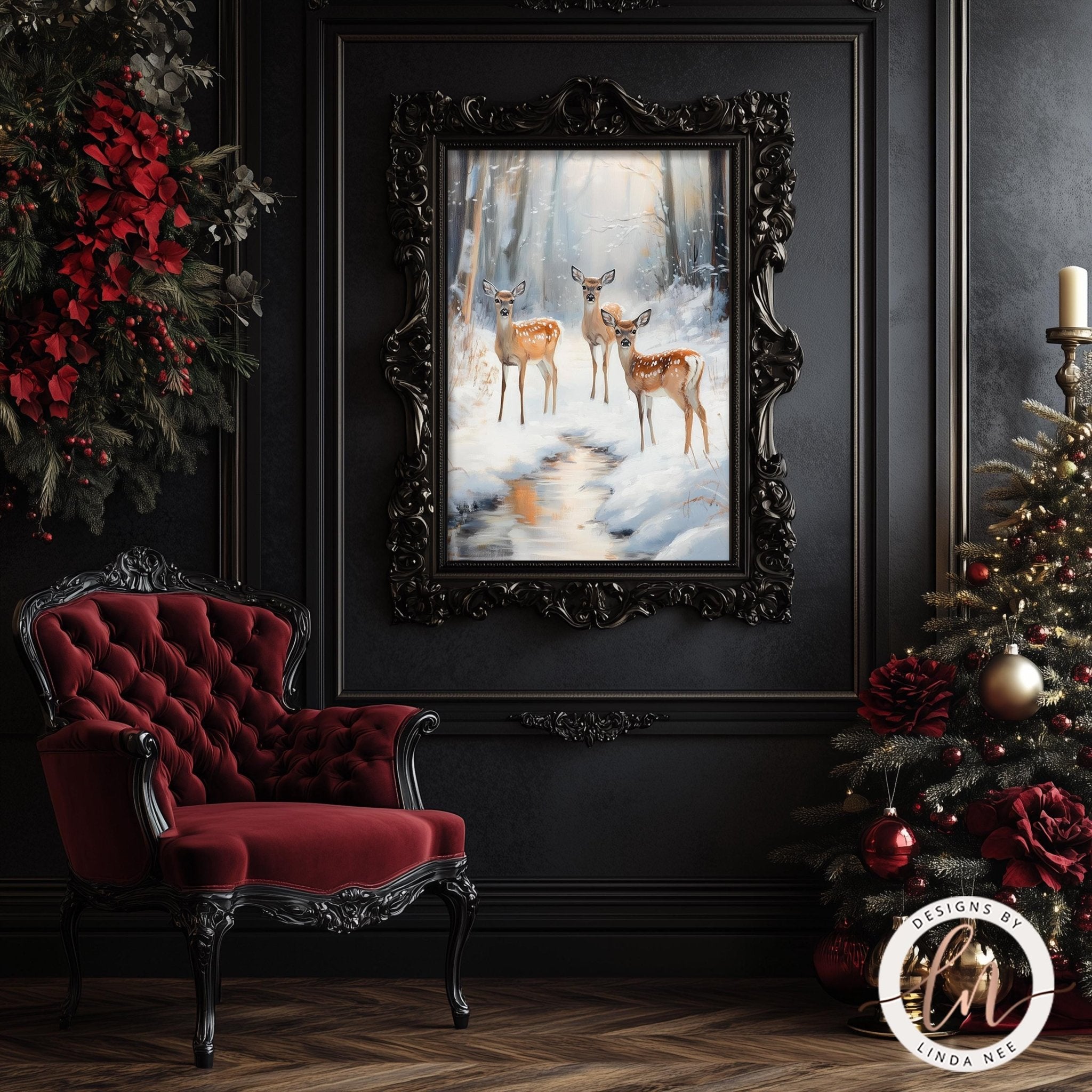 Deer in Snowy Forest Wall Art - Metal & Fine Art Holiday Decor