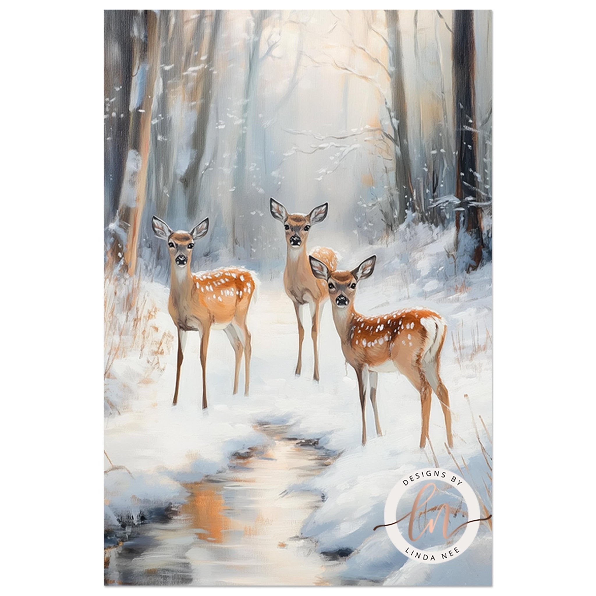 Three deer standing in a snowy forest, with a stream running through the center of the image.