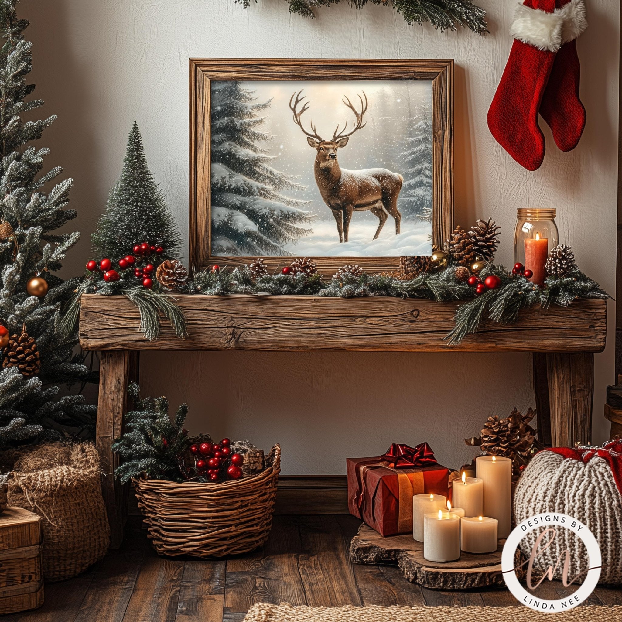 a cozy and festive Christmas scene with a deer picture, a wicker basket filled with red berries, a wooden table with a framed picture of a deer, and a wreath. The room is decorated with Christmas trees, pine cones, and other holiday-themed items, creating a warm and inviting atmosphere.