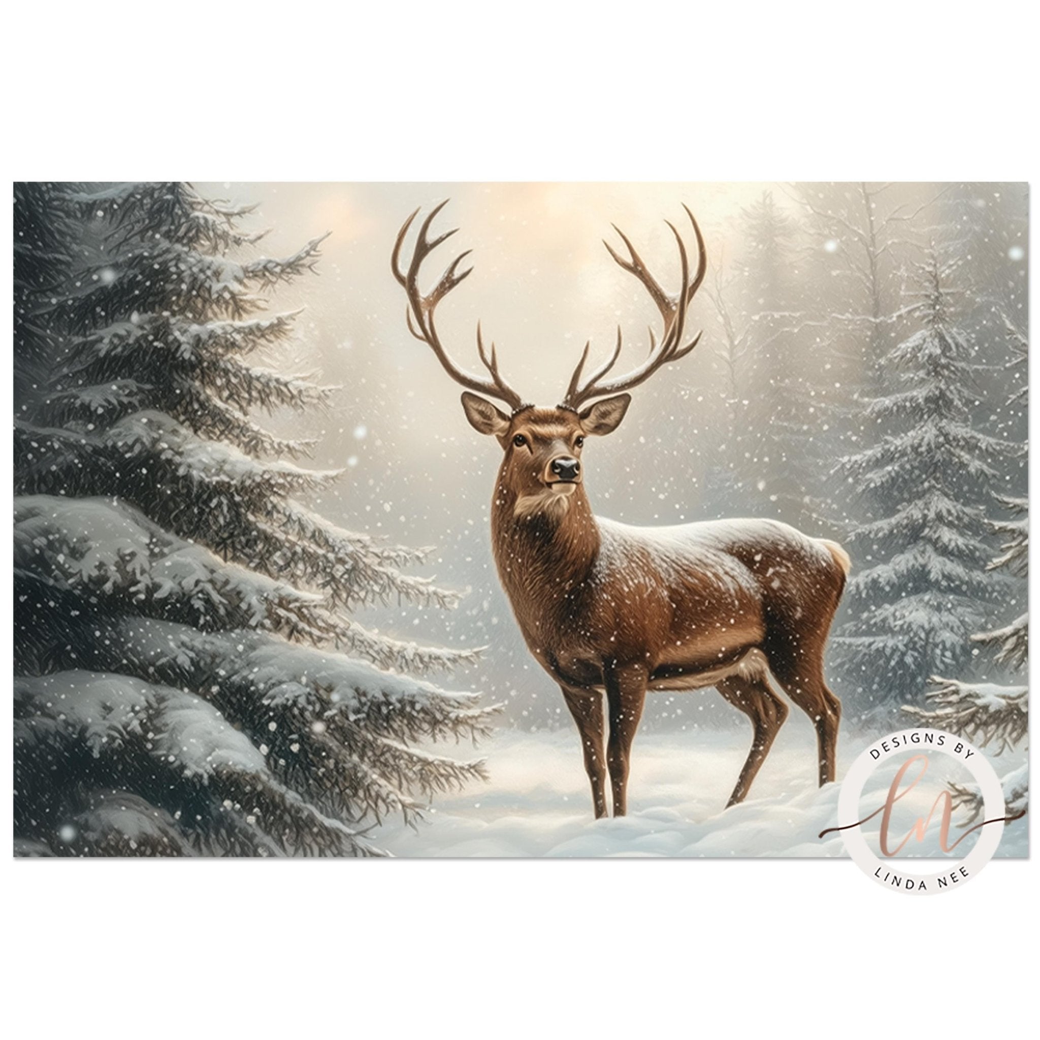A majestic brown deer stands in a snowy forest, its antlers reaching towards the sky.