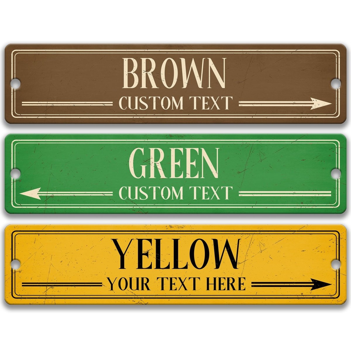 three rectangular signs with arrows pointing in different directions, each with a different color and custom text.