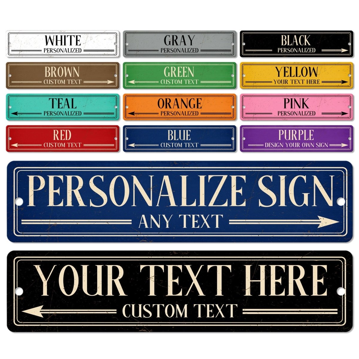a collection of personalized sign designs, each with a unique color and text. The signs are designed to be customized with various text and colors, allowing for a wide range of options to suit individual preferences.