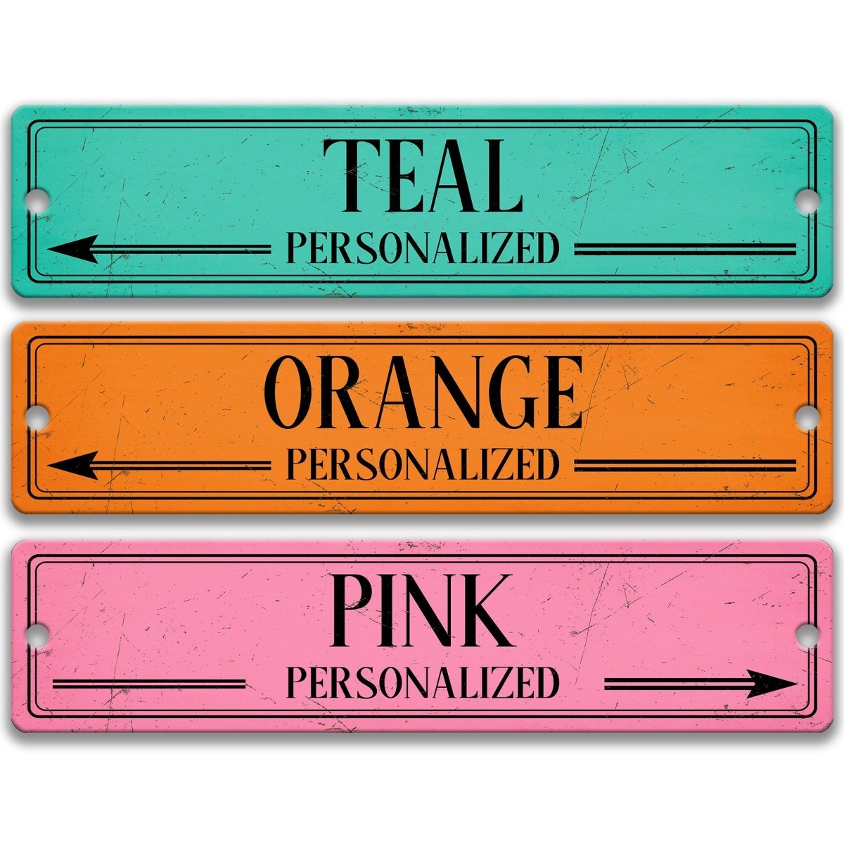 three rectangular signs with different colors and personalized labels, indicating a personalized or customized experience.