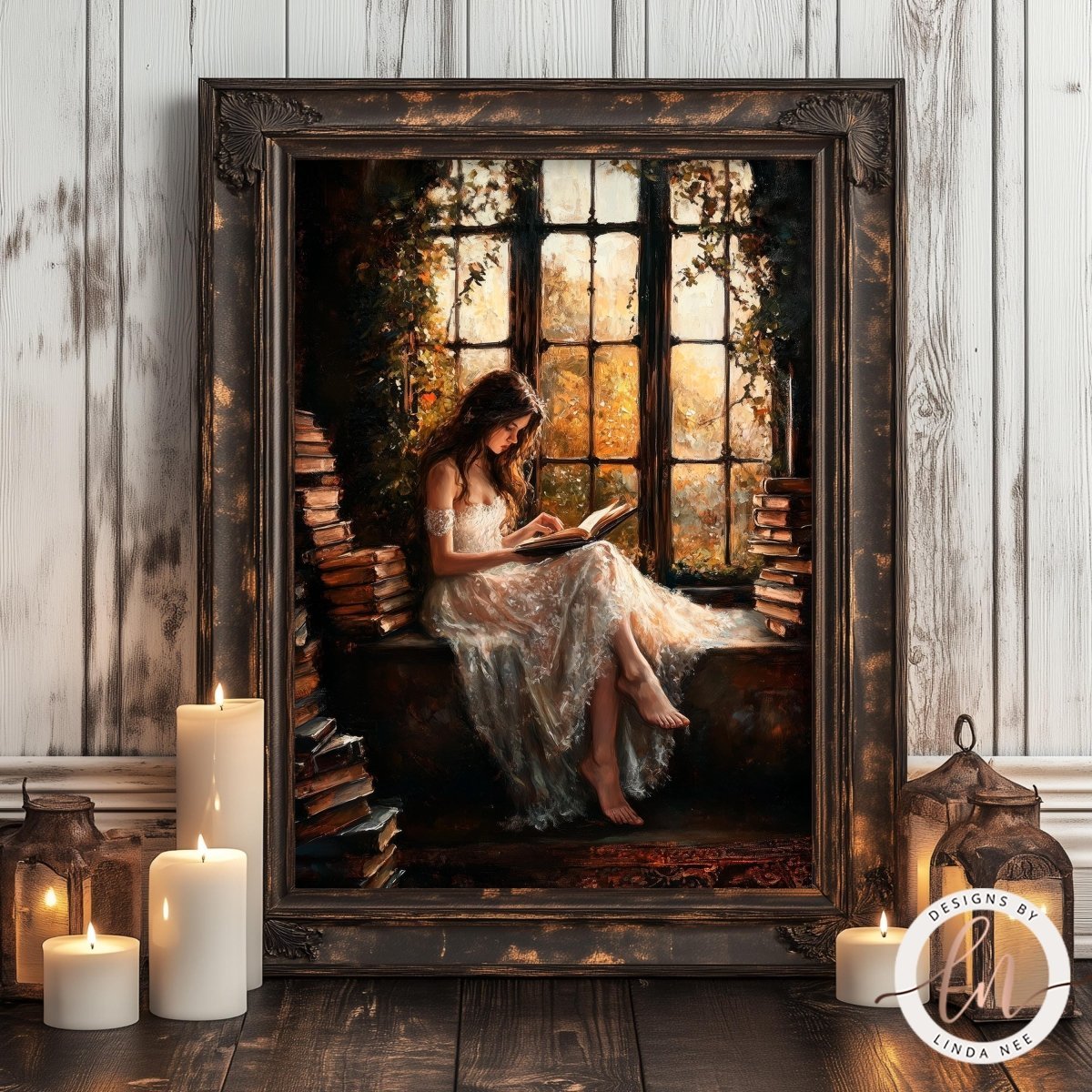 Woman reading by candlelight and daylight with stacked books